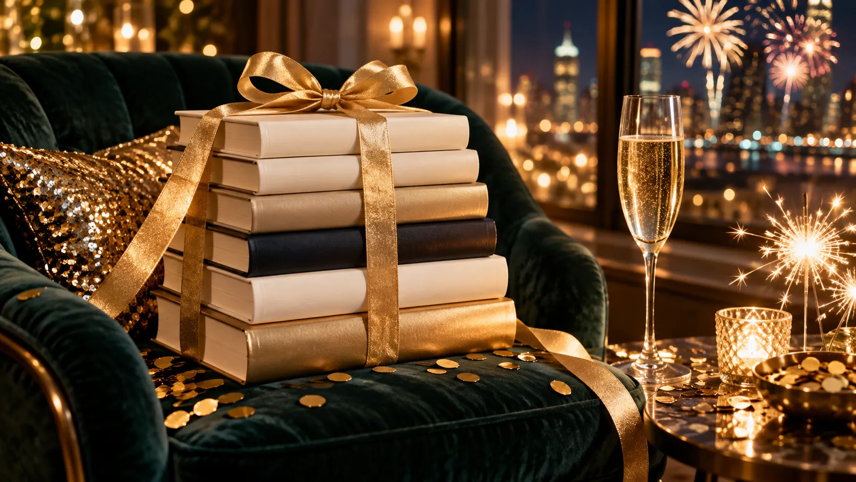 Golden ribbon books at midnight