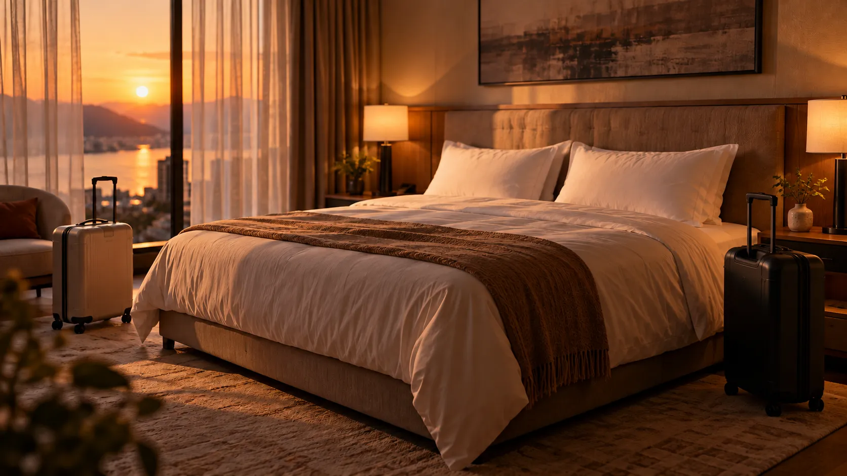 Hotel room with only one bed, two pillows and two suitcases