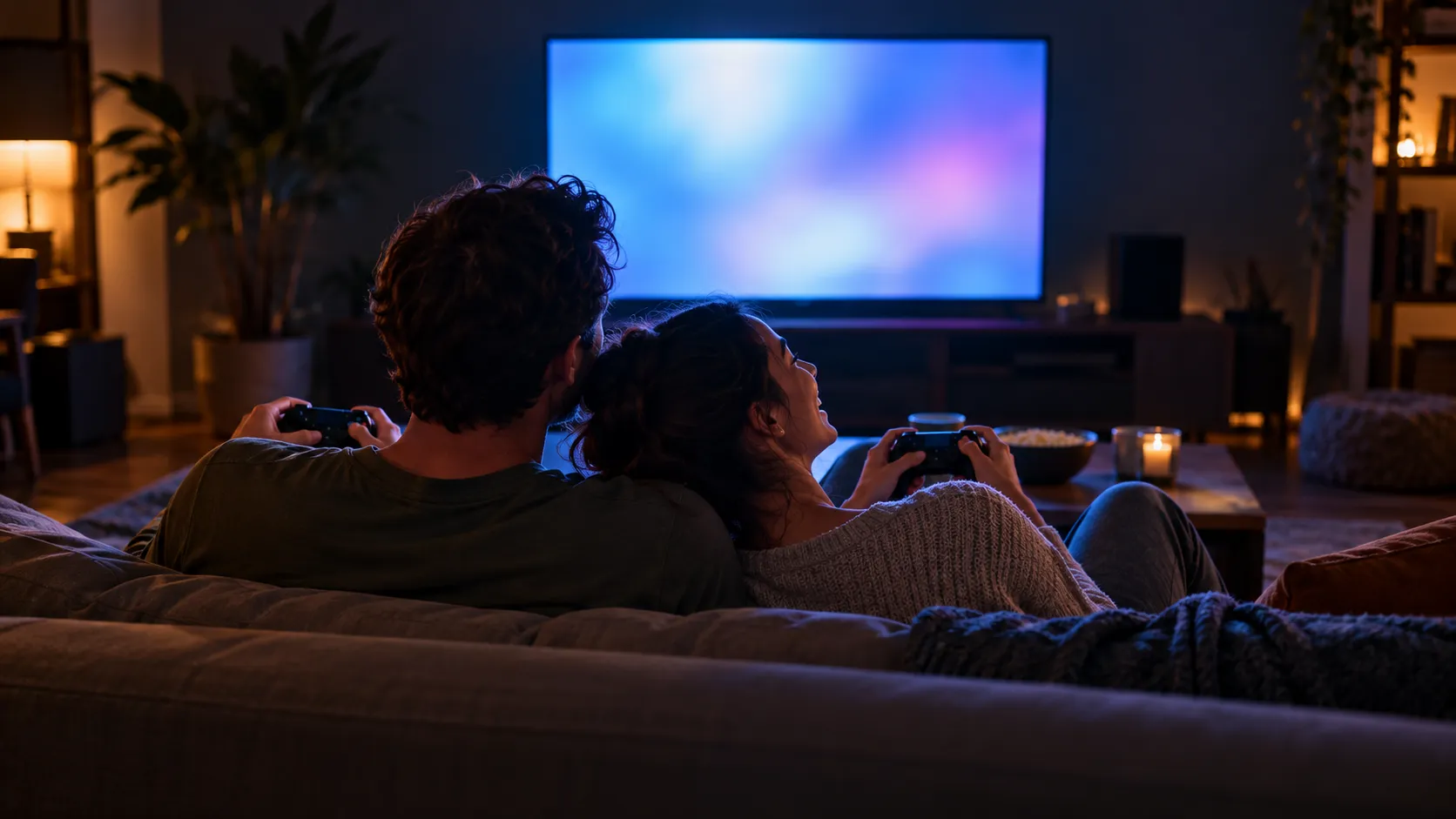 Two people on a couch with game controllers, lit by the TV, seen from behind