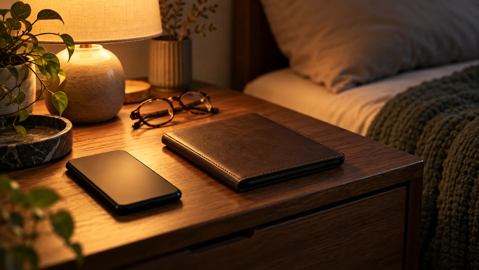 An e-reader in a plain leather cover on a nightstand in lamplight