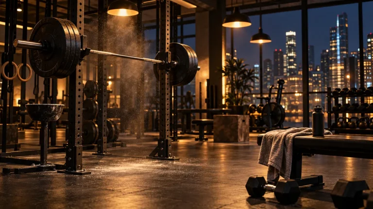 Empty gym at night with a loaded barbell on a squat rack under amber lights