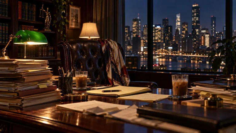 Law office at night with case files, a green banker's lamp and a city skyline view