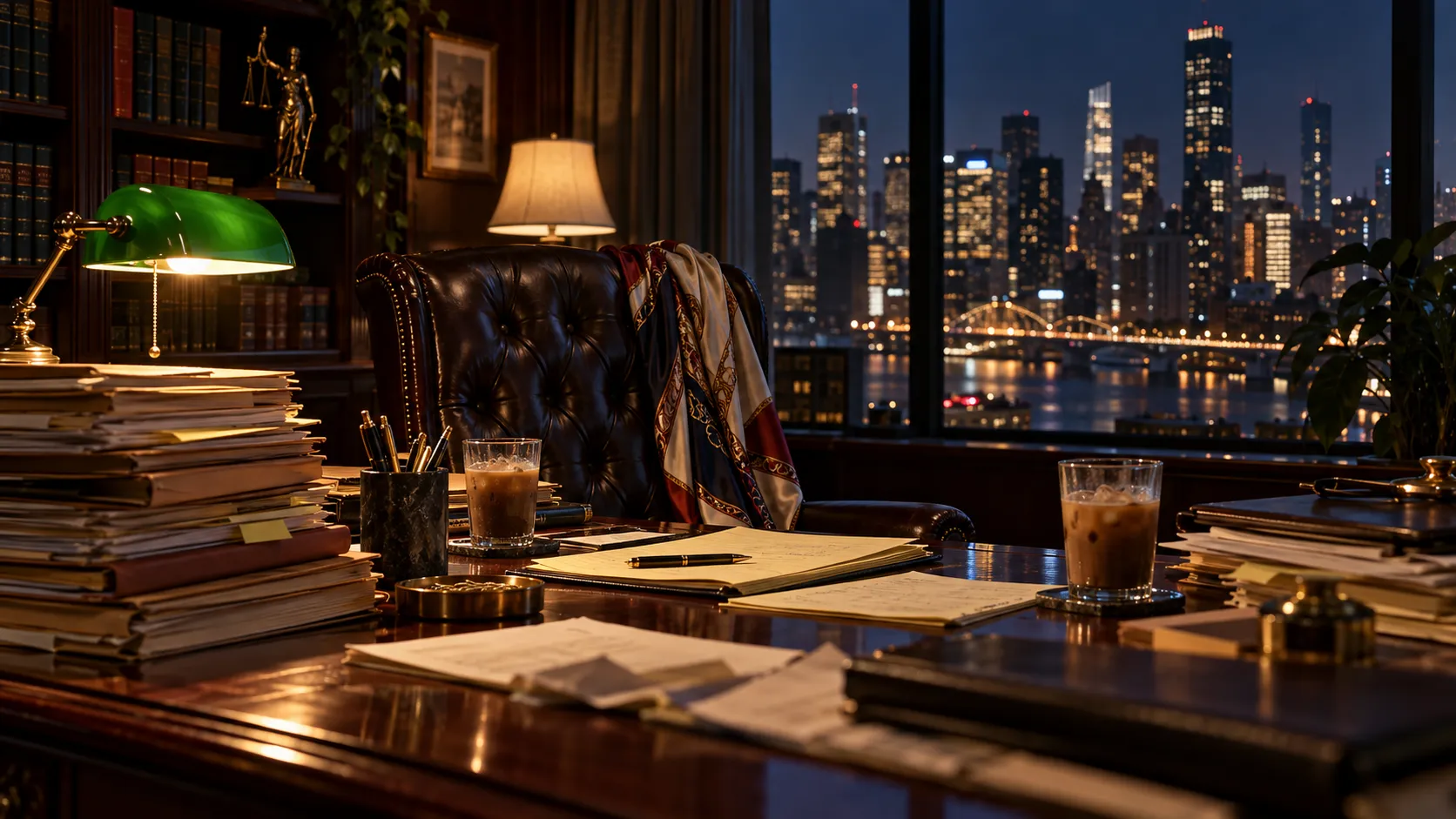 Law office at night with case files, a green banker's lamp and a city skyline view