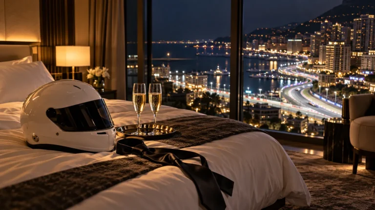 Hotel room at night above a lit race circuit with a racing helmet and champagne on the bed