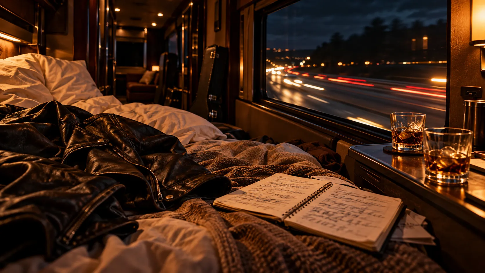 Tour bus bunk at night with a leather jacket, a lyric notebook and two whiskey glasses