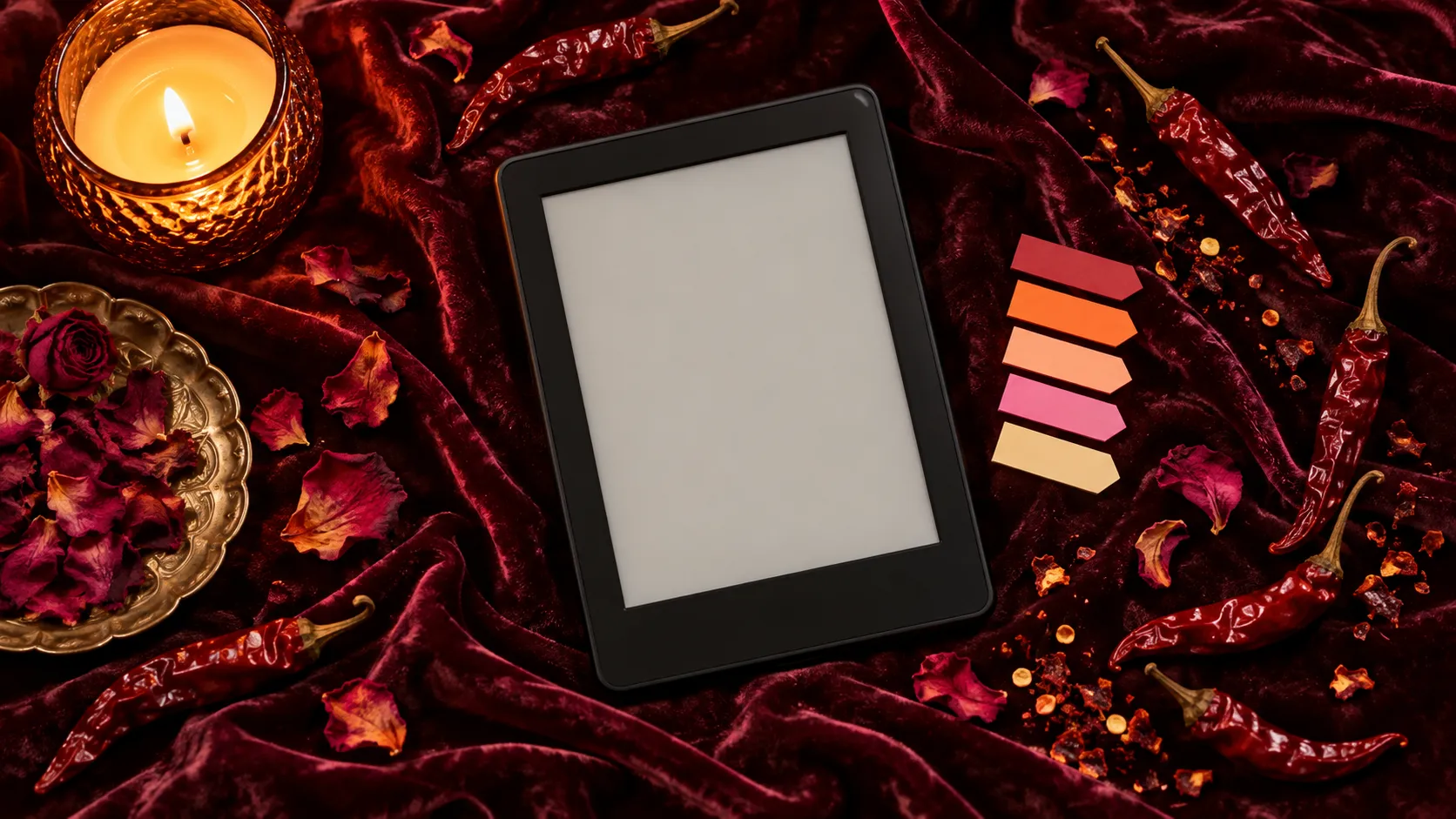 E-reader, page tabs, a candle, dried chilies and rose petals on dark velvet