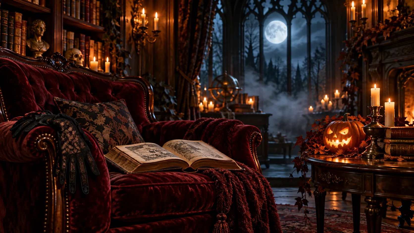 Candlelit gothic library with an open book, a jack-o'-lantern and a full moon in the window