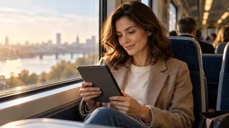 Woman reading an e-reader on a morning commuter train with the screen angled away