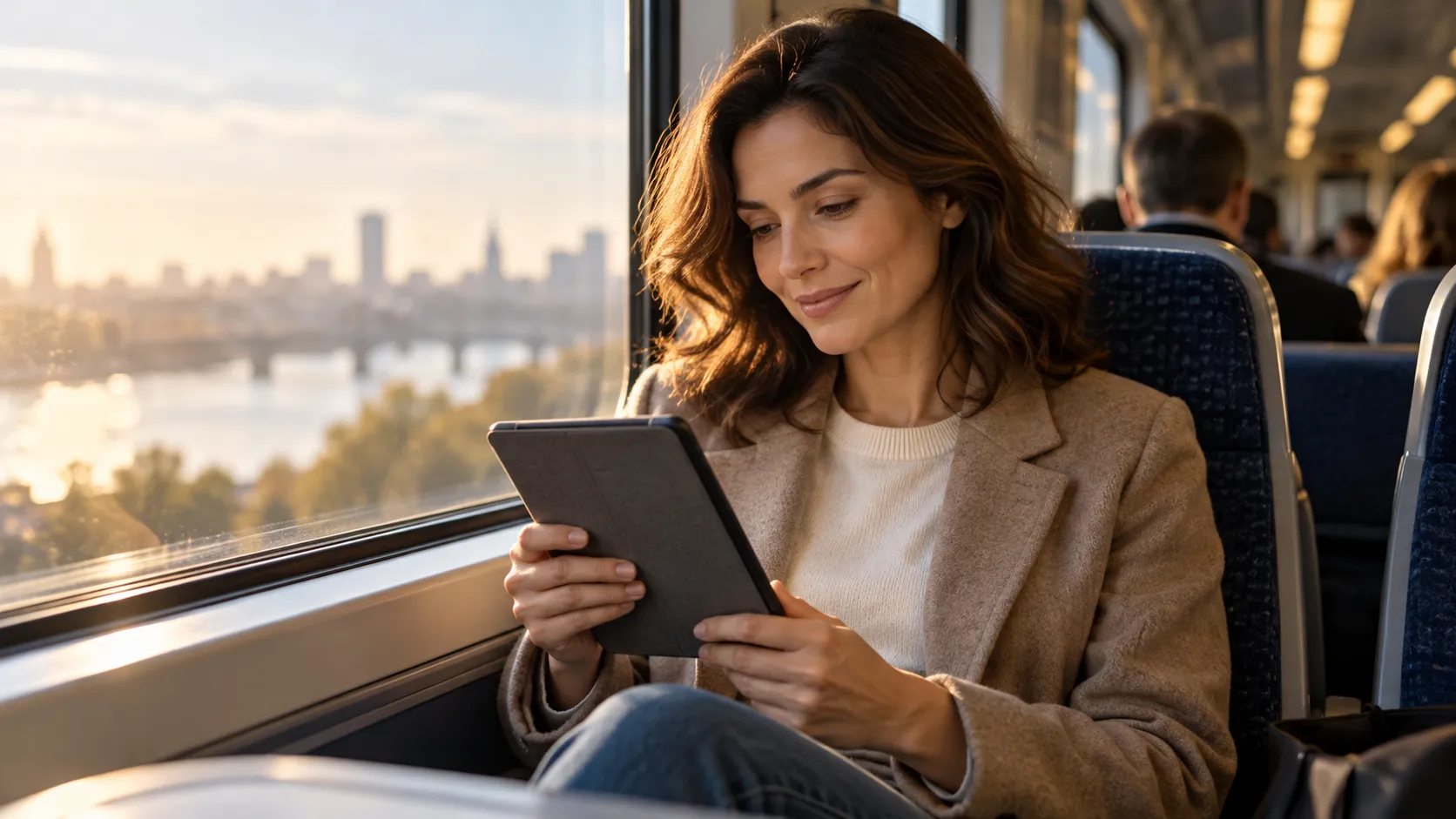 Woman reading an e-reader on a morning commuter train with the screen angled away