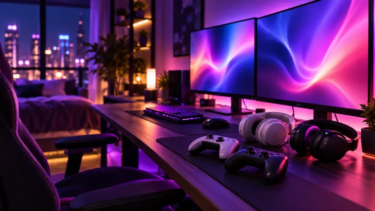 Gaming desk at night with two headsets and two controllers in purple and pink light