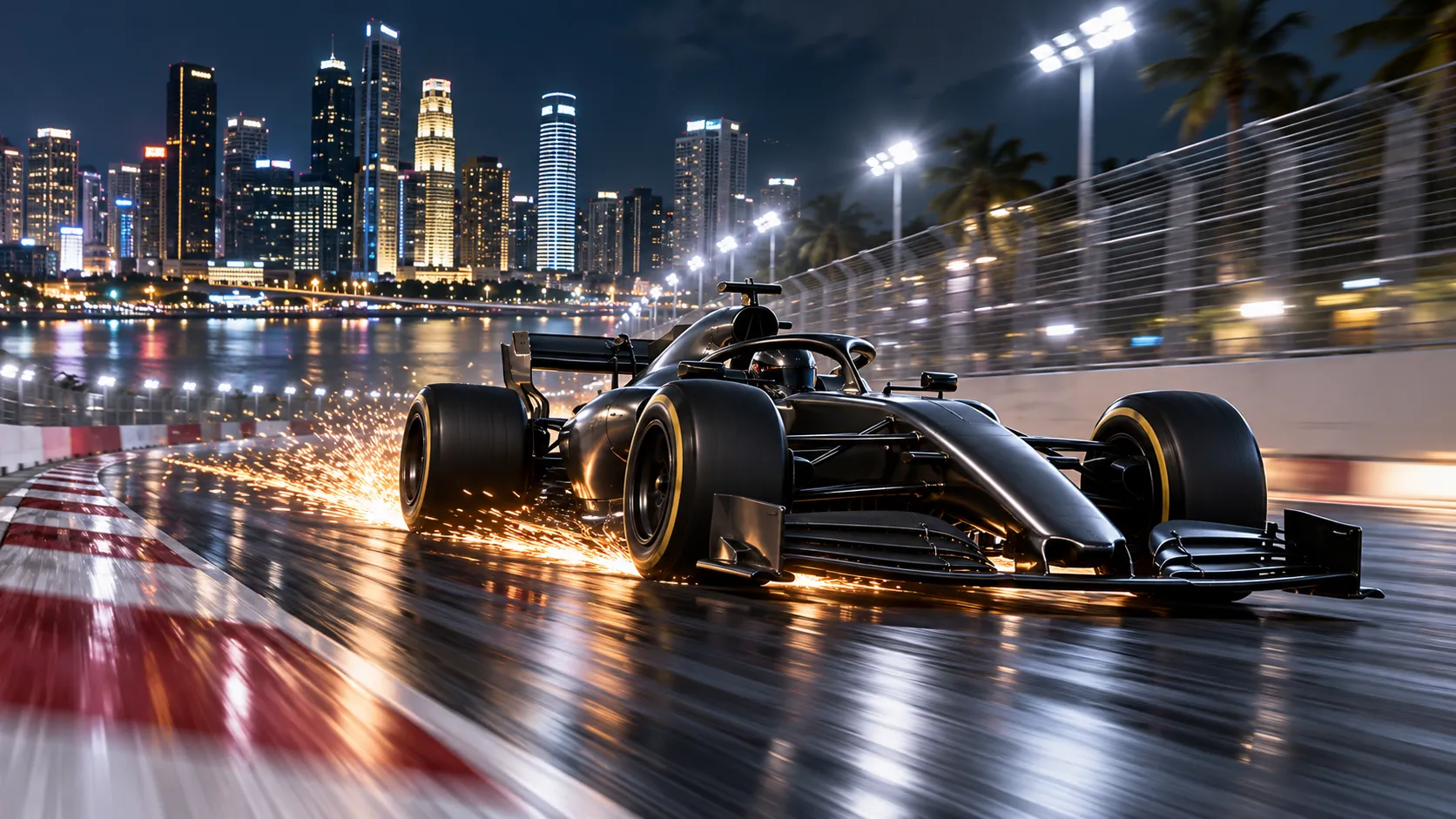Open-wheel race car throwing sparks on a floodlit night street circuit