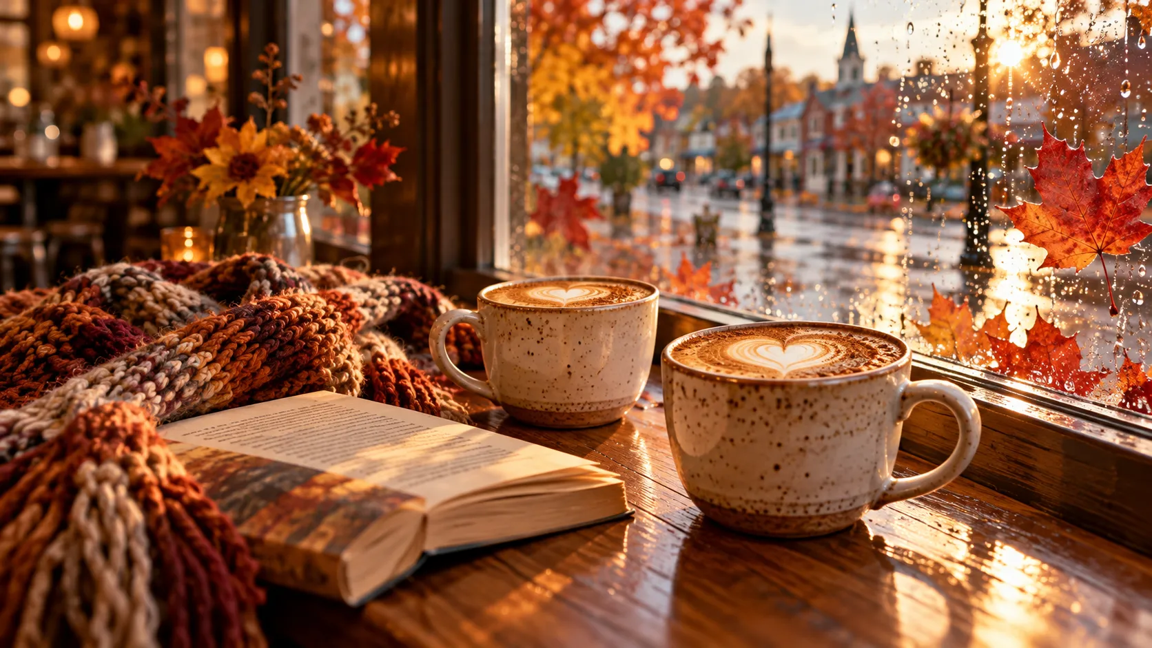 Pumpkin spice latte by a rain-speckled café window with maple leaves