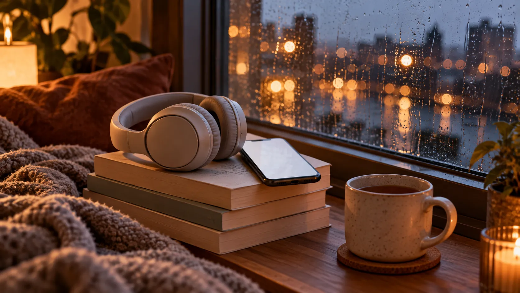 Over-ear headphones and a phone on a stack of paperbacks beside a mug of tea on a rainy evening