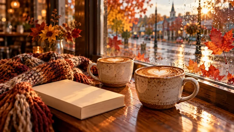 Two pumpkin spice lattes with heart latte art, a knit scarf and a paperback in a cozy café