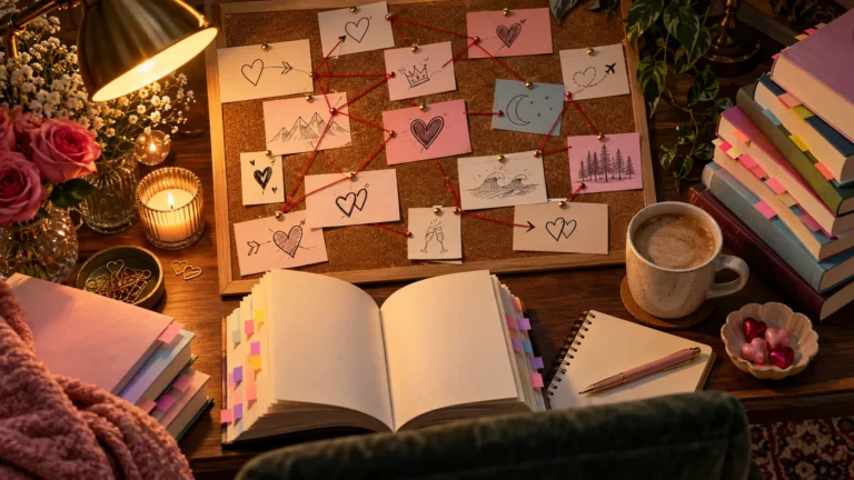 Romance reader's desk with index cards, red string and tabbed paperbacks under a warm lamp