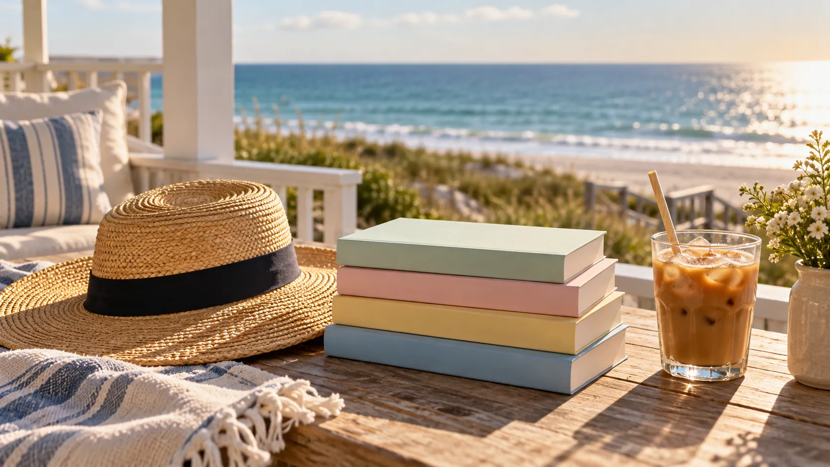 Stack of pastel paperbacks, a straw sun hat and an iced coffee on a beach-house porch