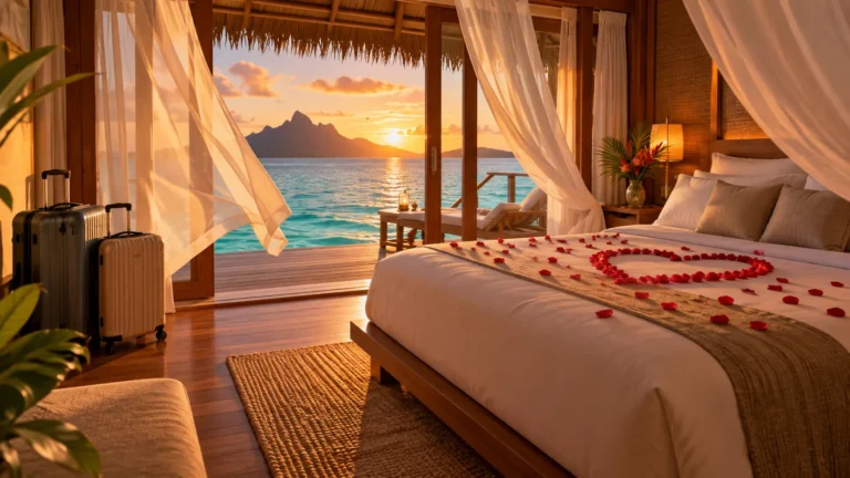 Overwater villa at sunset with a rose-petal heart on the bed and two suitcases by the door