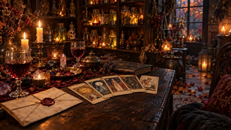 Vintage tarot cards fanned across a table by candlelight
