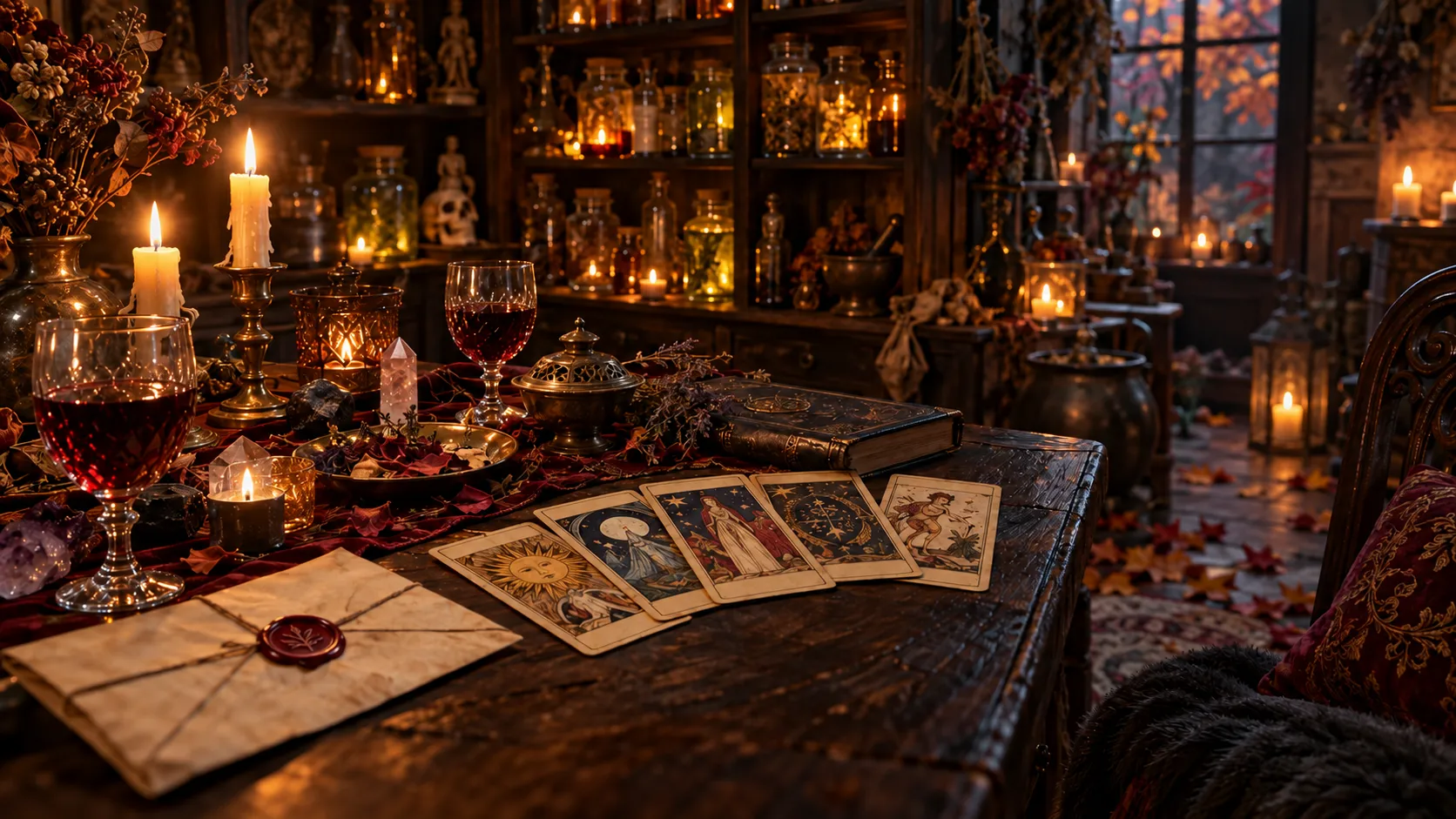 Vintage tarot cards fanned across a table by candlelight