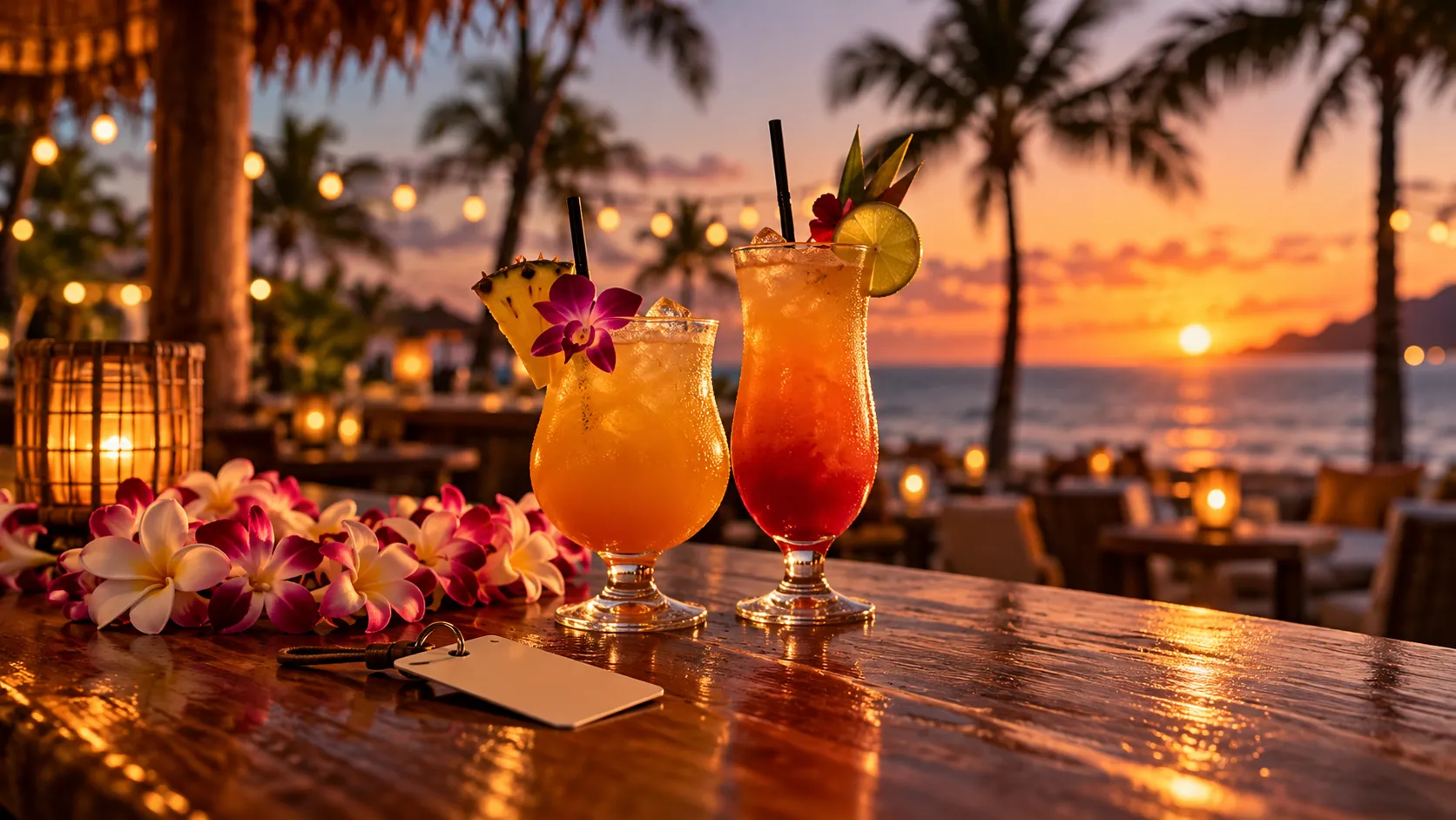 Two tropical cocktails, a flower lei and a hotel key card on a beach bar at dusk