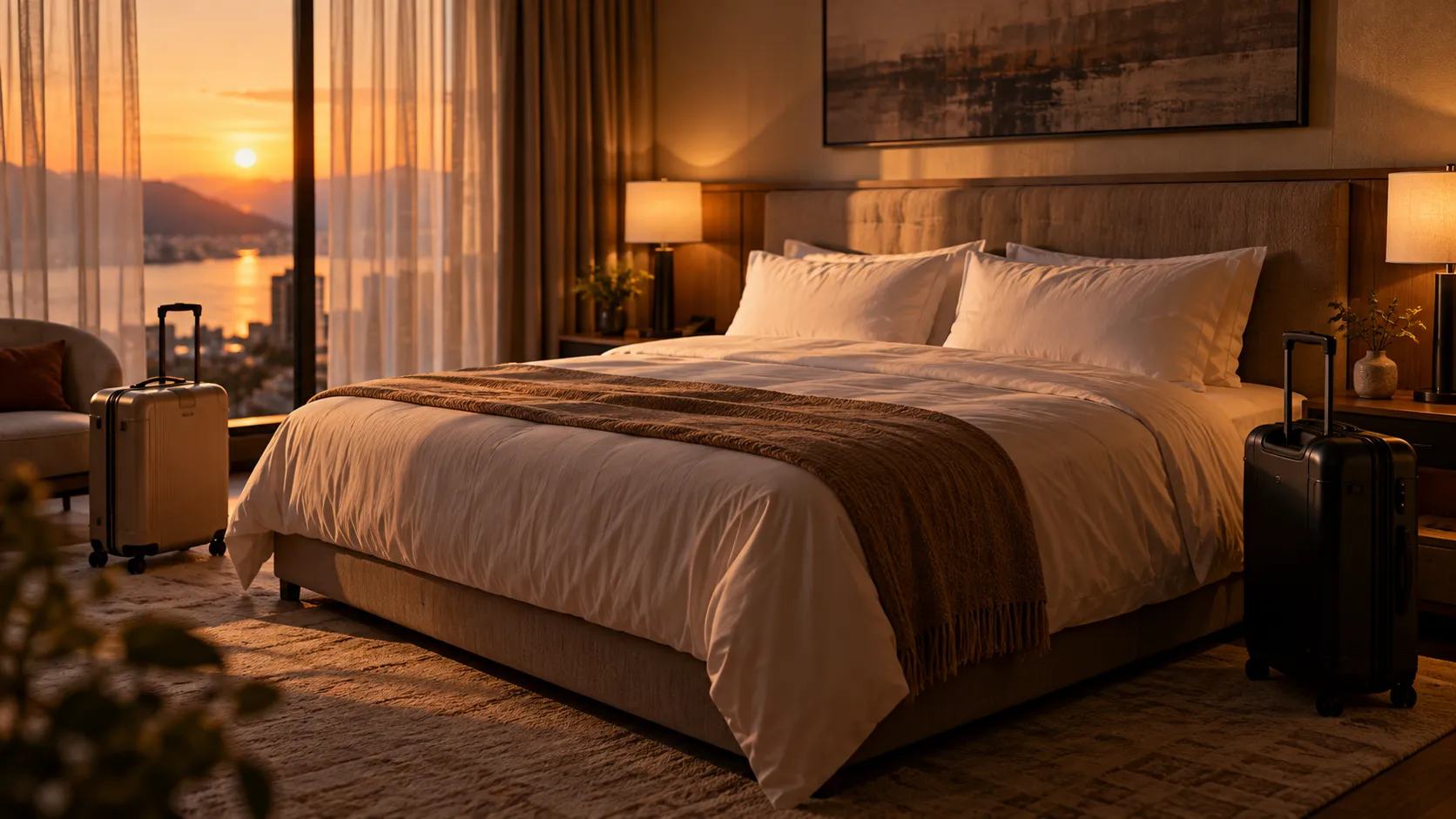 Hotel room with one bed and two suitcases on opposite sides