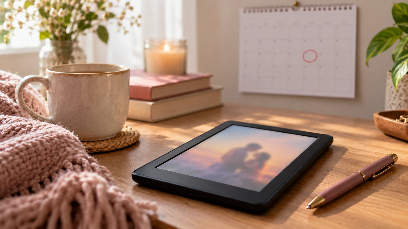 A wall calendar with one day circled in red behind an e-reader and a pen on a desk
