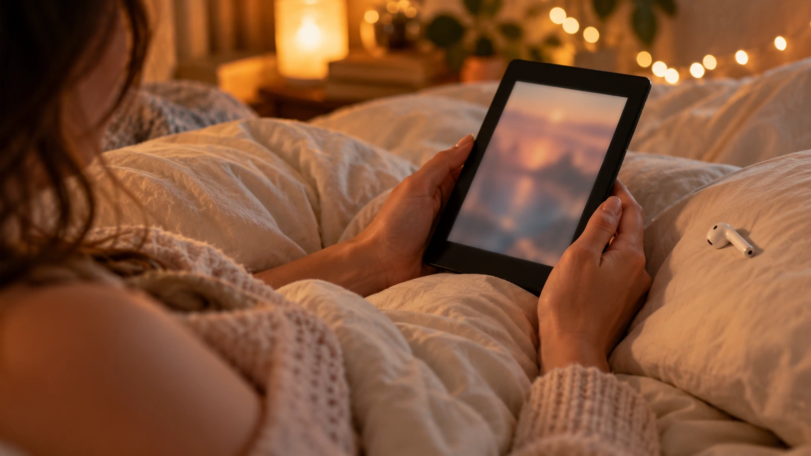 Hands holding an e-reader in bed under a cream duvet with a wireless earbud on the pillow and fairy lights behind