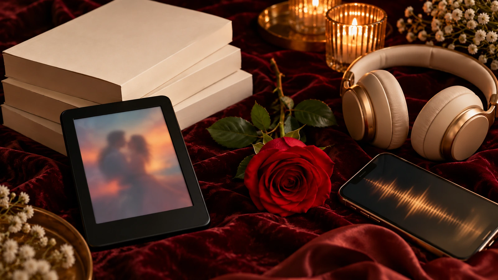 An e-reader and paperbacks on one side and over-ear headphones and a phone on the other, with a red rose between them